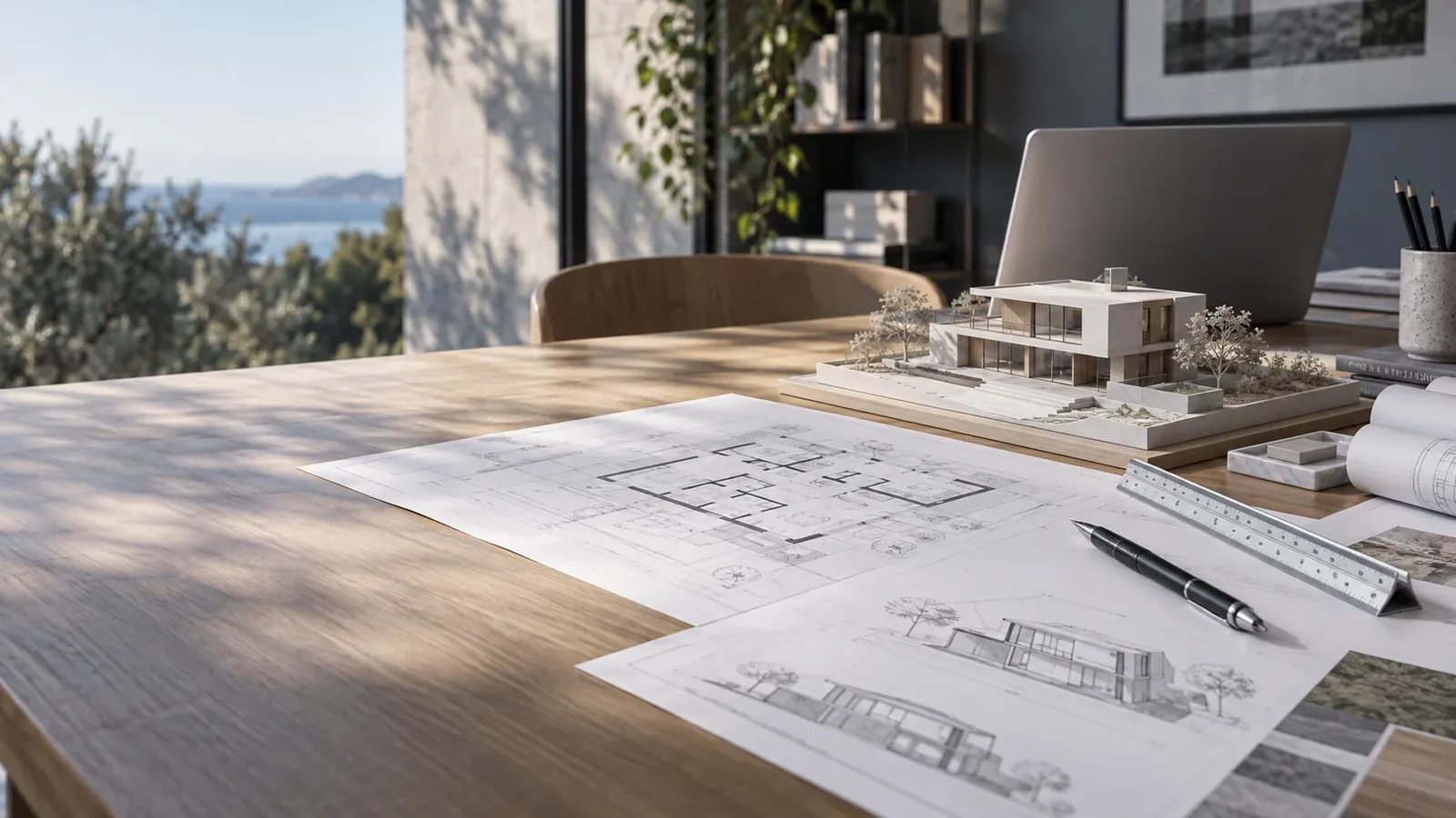Planos y maqueta de un proyecto de arquitectura residencial