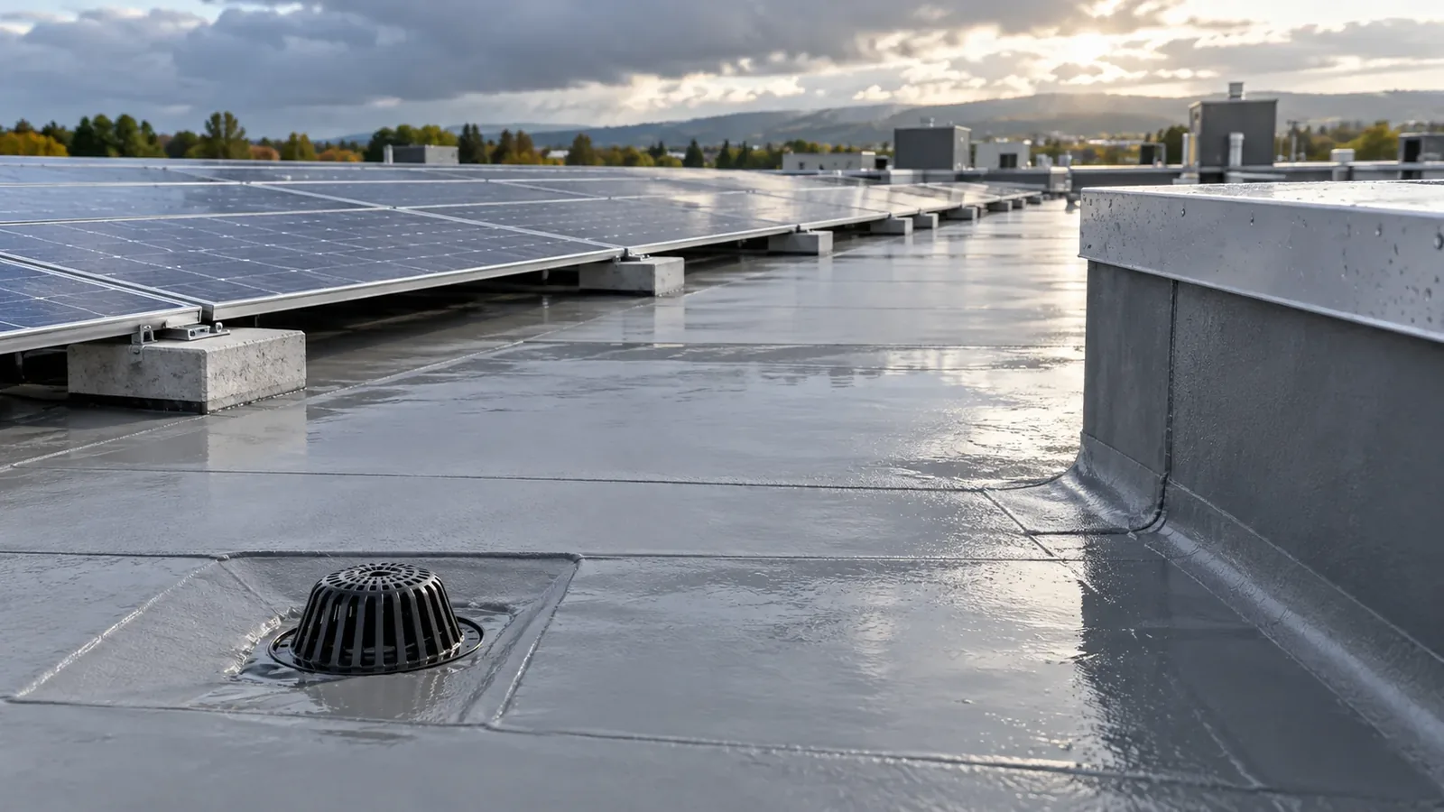 Membrana impermeable y desagüe en una cubierta con placas solares