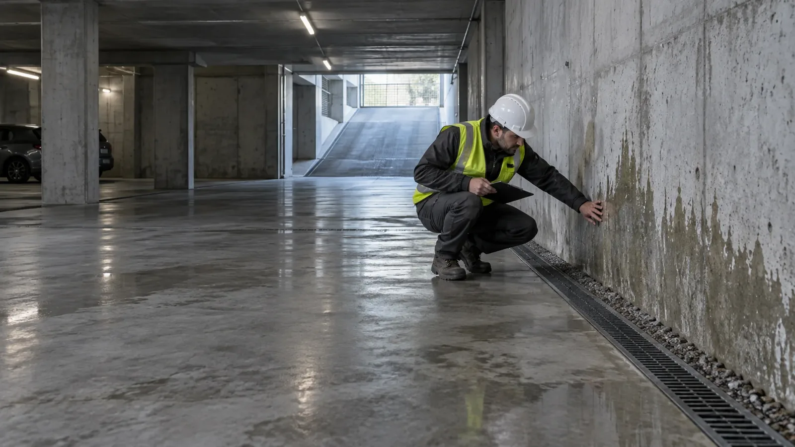 Inspección de filtraciones en el encuentro de un muro y el suelo de un sótano